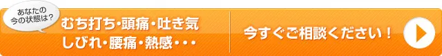 あなたの今の状態は？むち打ち・頭痛・吐き気しびれ・腰痛・熱感・・・今すぐご相談ください！